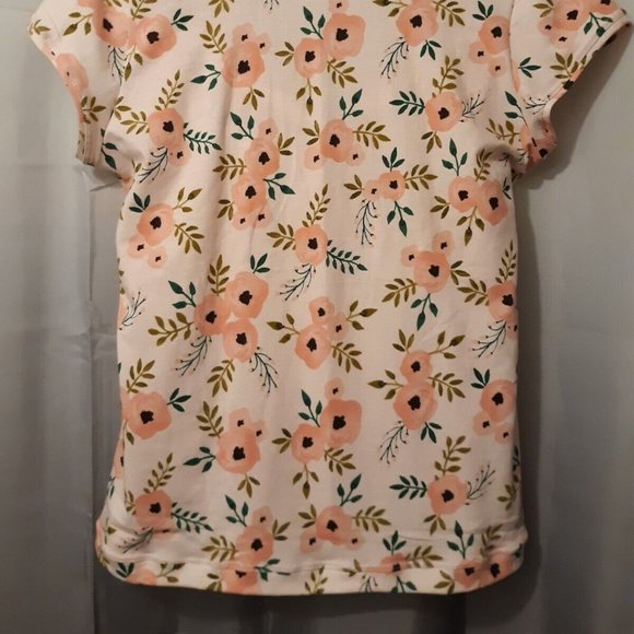 New Attached Shrug T-shirt Top L Peach Floral Green Leaves Short Cap Slv Blouse - Picture 7 of 8